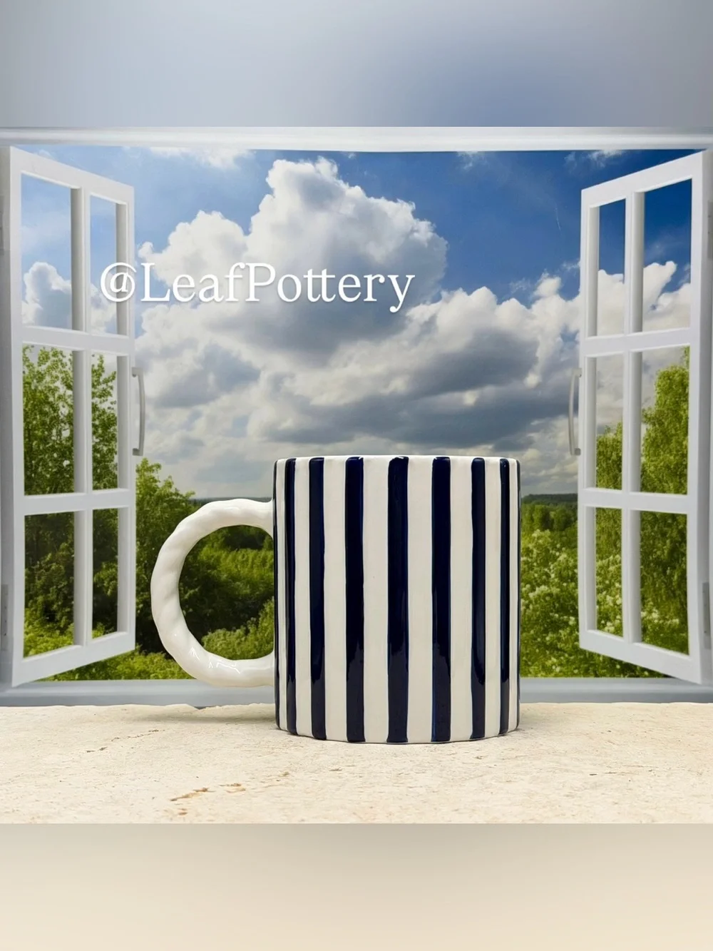 Sunday Morning Ceramics Striped Ceramic Mug | Large 20 oz Navy Blue & White